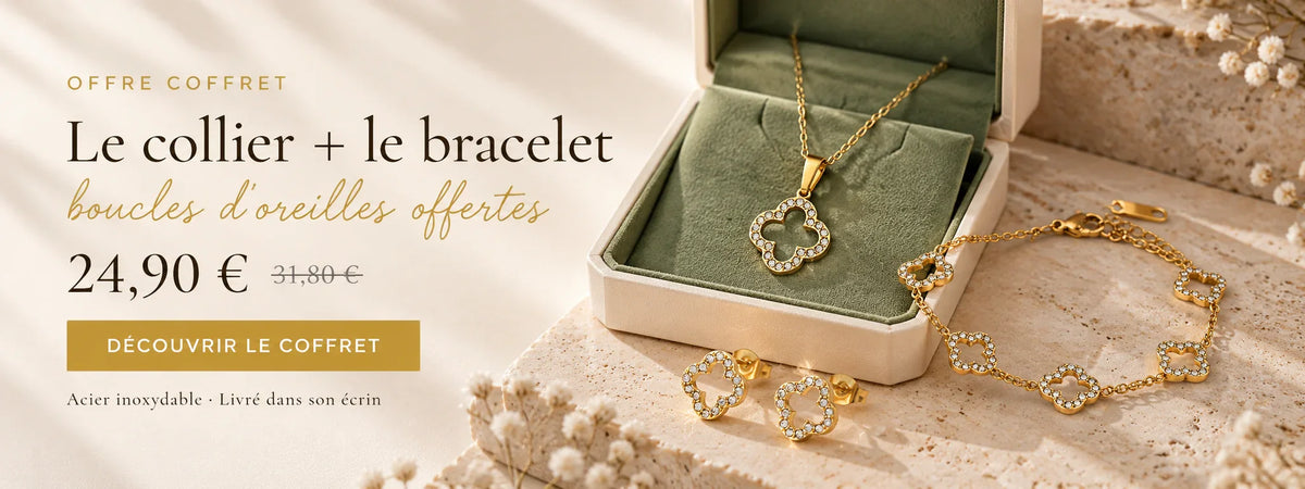 Offre coffret Maison Trèfle : le collier + le bracelet trèfle ajouré, boucles d'oreilles offertes, 24,90 € au lieu de 31,80 €. Acier inoxydable, livré dans son écrin.