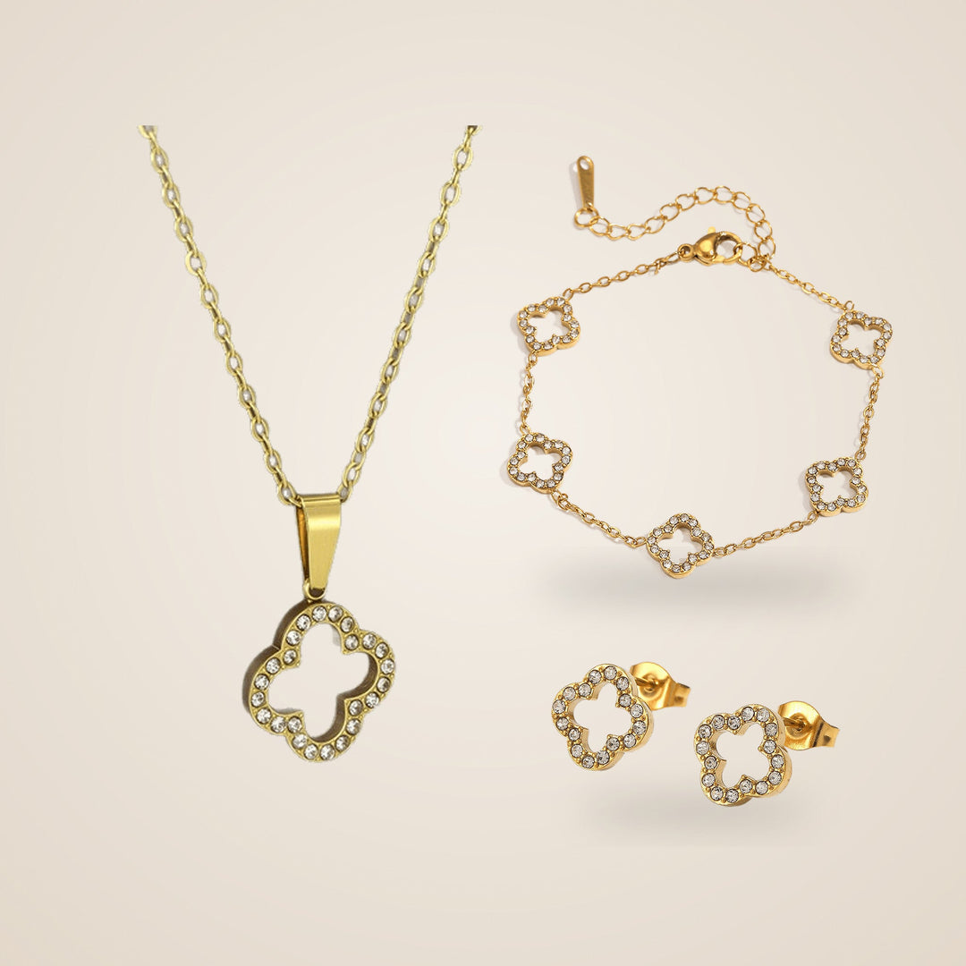 Parure Trèfle Ajouré – collier, bracelet et boucles d'oreilles en acier inoxydable doré – Maison Trèfle