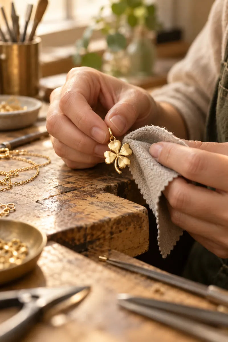 Les mains d’une artisane polissent un pendentif trèfle doré